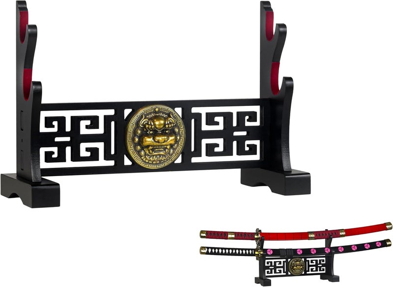 Logest Sword Stand - 4 Tier Options Available - Crafted Using Wood Katana Holder - Furnished in Black With a Gold Lion’s Head - Desirable Sword Display Gift Option - Sword Holder Katana Stand (2-Tier) - Image 1
